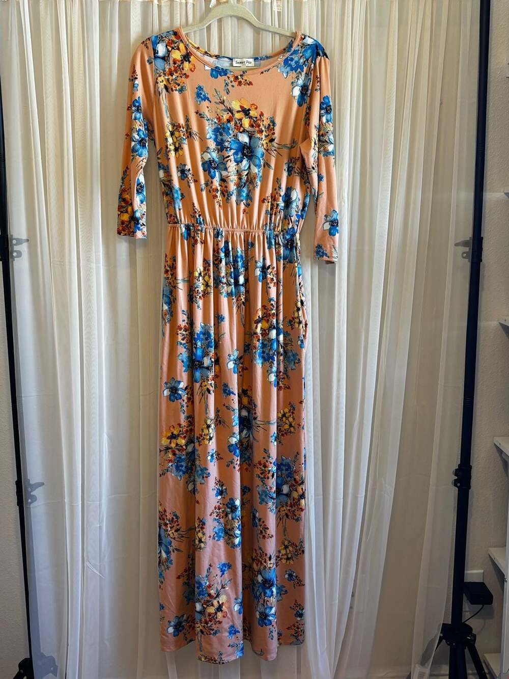 Sweet Pea Peach Floral Elastic Waist Maxi Dress with Pockets